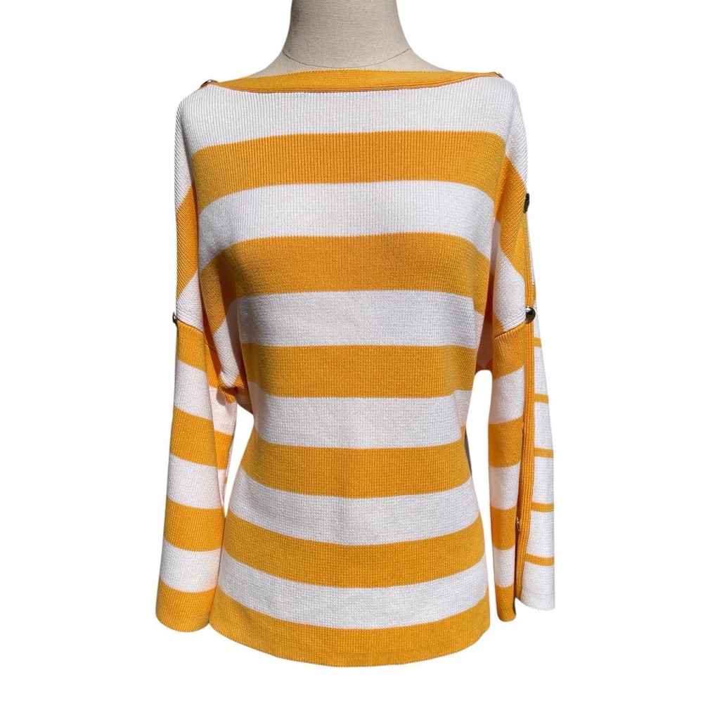 Per Se White And Yellow Broad Striped Pullover Knit Sweater Gold Buttons Size ML